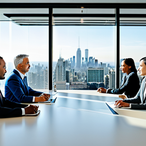 Home 14 A group of diverse business professionals, including individuals of North African and European descent, engaged in a collaborative meeting. All subjects are fully clothed in professional, modest business suits and appropriate attire. They are seated around a sleek conference table in a modern, well-lit office, with large windows overlooking a city skyline. A subtle, high-tech screen in the background displays a graphic representing economic growth and cross-continental partnership. Professional photography, perfect anatomy, correct proportions, natural pose, well-formed hands, proper finger count. High resolution, sharp focus, vibrant colors, realistic lighting. Safe for work, appropriate content, fully clothed, professional.