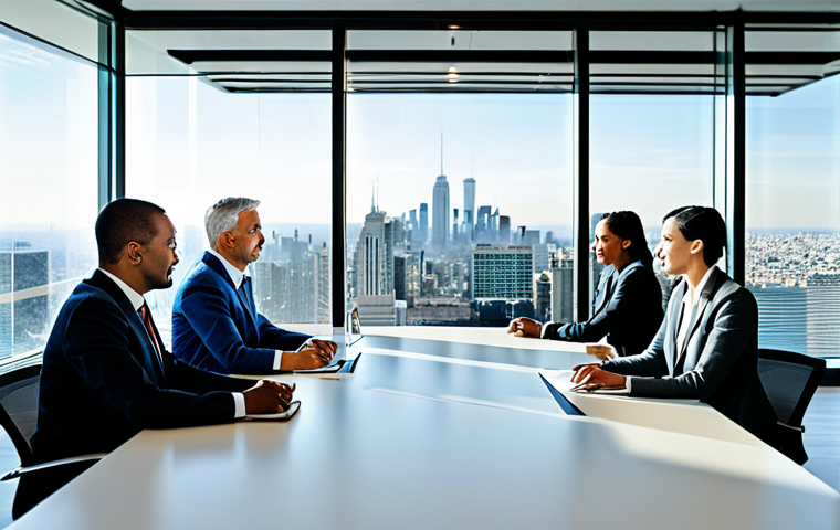 A group of diverse business professionals, including individuals of North African and European descent, engaged in a collaborative meeting. All subjects are fully clothed in professional, modest business suits and appropriate attire. They are seated around a sleek conference table in a modern, well-lit office, with large windows overlooking a city skyline. A subtle, high-tech screen in the background displays a graphic representing economic growth and cross-continental partnership. Professional photography, perfect anatomy, correct proportions, natural pose, well-formed hands, proper finger count. High resolution, sharp focus, vibrant colors, realistic lighting. Safe for work, appropriate content, fully clothed, professional.