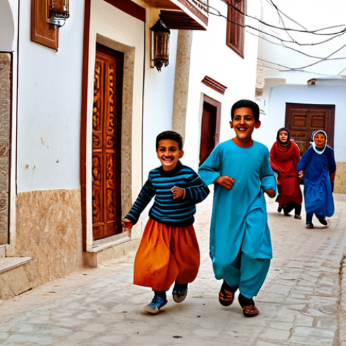 Home 7 "Sbah El Khir" in a Tunisian Neighborhood**
"Children playing 'Sbah El Khir' in a vibrant Tunisian neighborhood. Kids are fully clothed in modest, colorful traditional clothing, laughing and running. Background features traditional architecture with warm colors. Safe for work, appropriate content, professional photography, perfect anatomy, natural proportions, family-friendly scene, high quality."
**