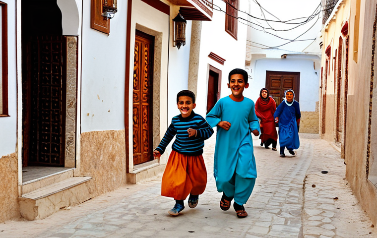 "Sbah El Khir" in a Tunisian Neighborhood**

"Children playing 'Sbah El Khir' in a vibrant Tunisian neighborhood.  Kids are fully clothed in modest, colorful traditional clothing, laughing and running. Background features traditional architecture with warm colors. Safe for work, appropriate content, professional photography, perfect anatomy, natural proportions, family-friendly scene, high quality."

**