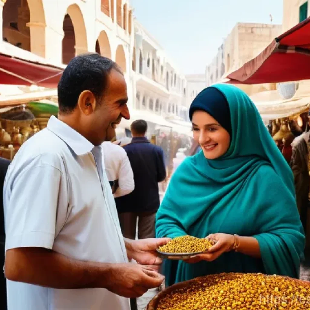 튀니지 치안 상황 업데이트 - **Vibrant Tunisian Souk Scene:** A bustling and colorful scene inside a traditional Tunisian souk (m...
