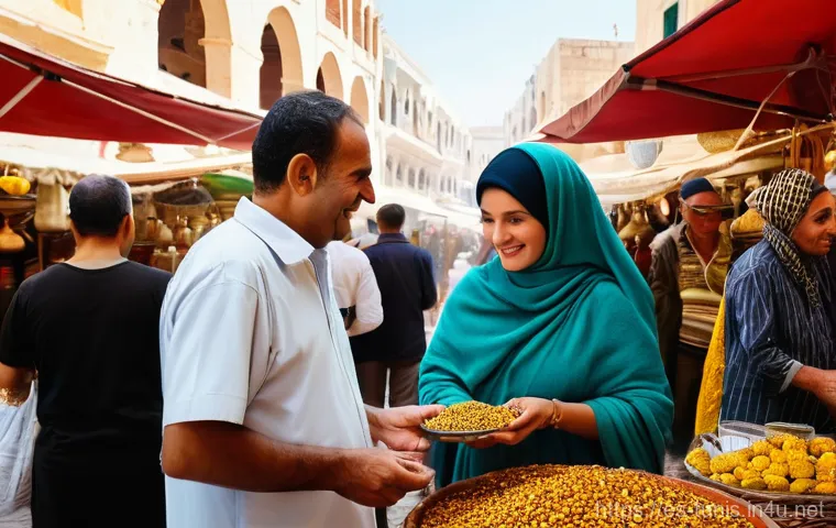 튀니지 치안 상황 업데이트 - **Vibrant Tunisian Souk Scene:** A bustling and colorful scene inside a traditional Tunisian souk (m...