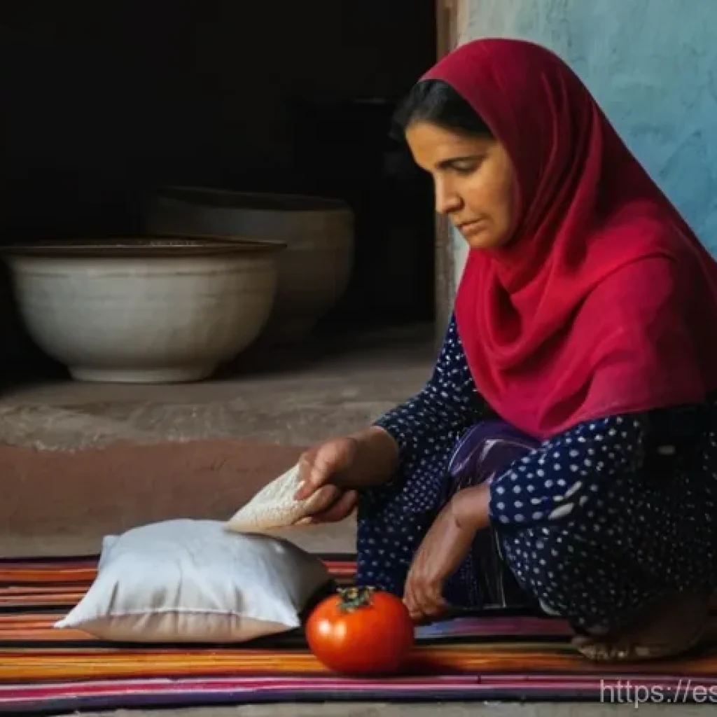 튀니지 내 빈곤층 문제 - **Prompt:** A young Tunisian mother, wearing a modest, traditional dress, stands in a slightly dimly...