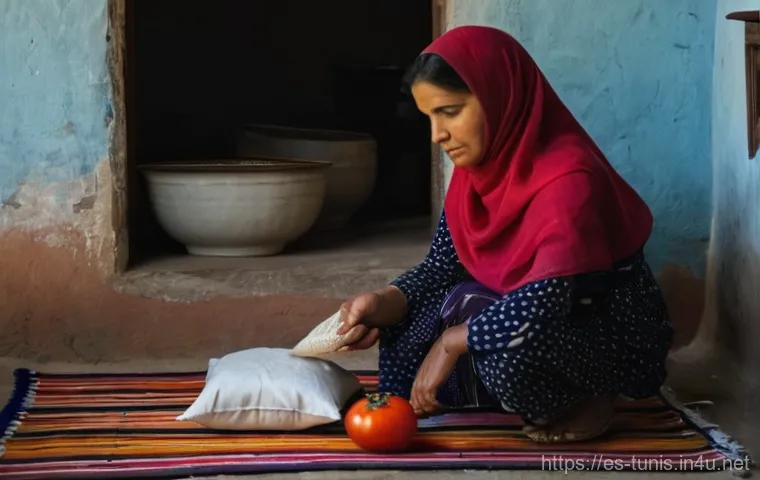 튀니지 내 빈곤층 문제 - **Prompt:** A young Tunisian mother, wearing a modest, traditional dress, stands in a slightly dimly...