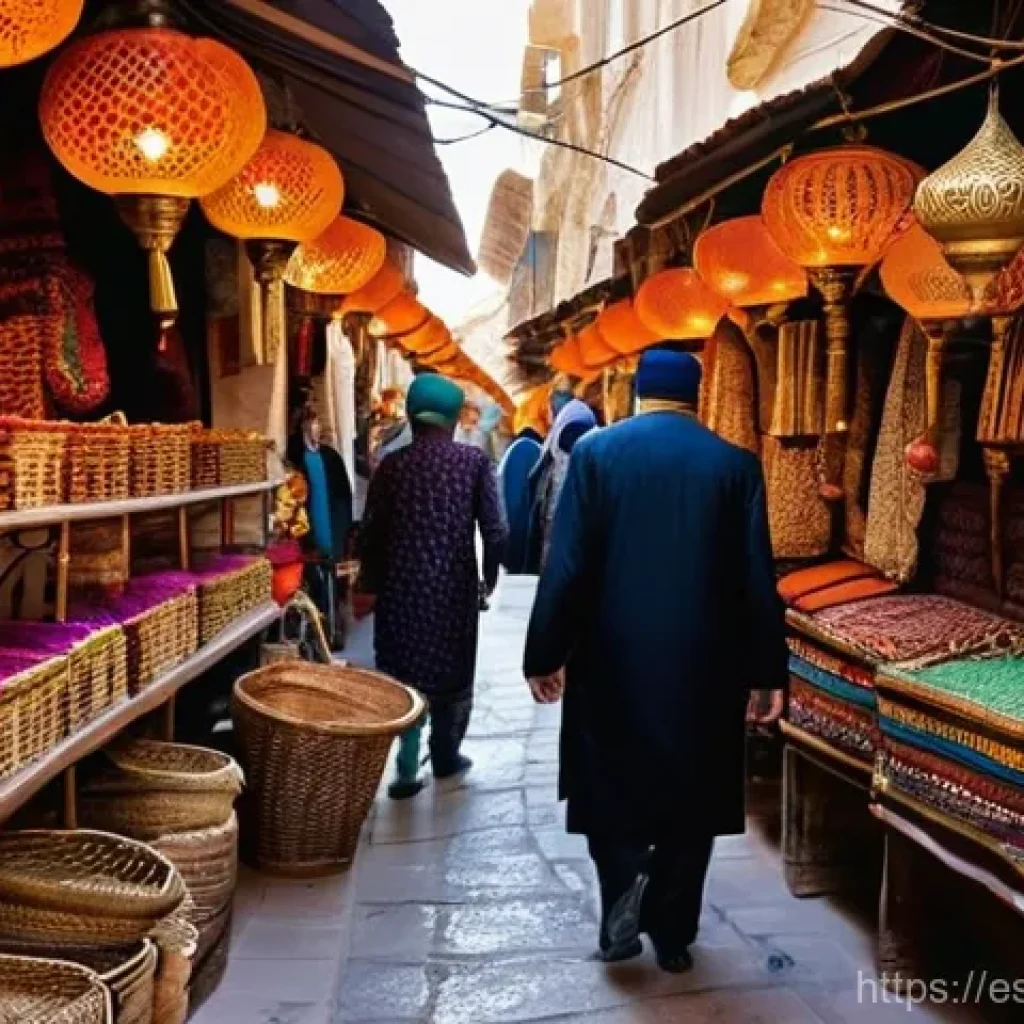 튀니스 메디나 탐방 - **Prompt:** A vibrant, bustling souk in the historic Medina of Tunis, North Africa. The narrow, wind...