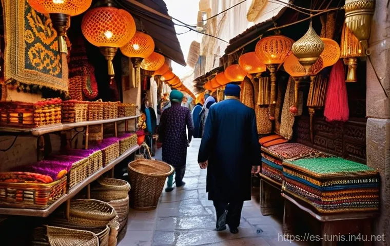 튀니스 메디나 탐방 - **Prompt:** A vibrant, bustling souk in the historic Medina of Tunis, North Africa. The narrow, wind...