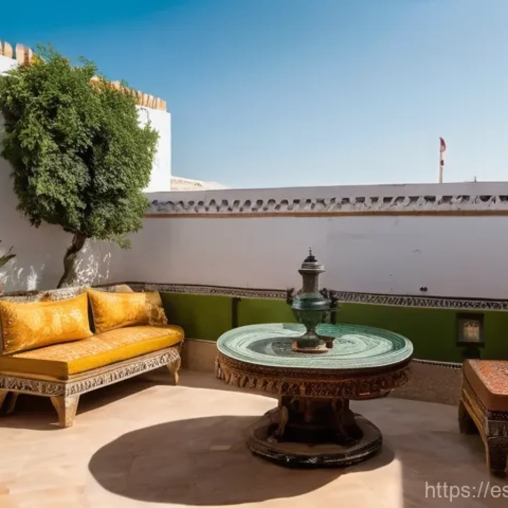 튀니지 숙박 옵션 비교 - **Prompt:** A serene and vibrantly decorated inner courtyard of a traditional Tunisian Dar (guesthou...