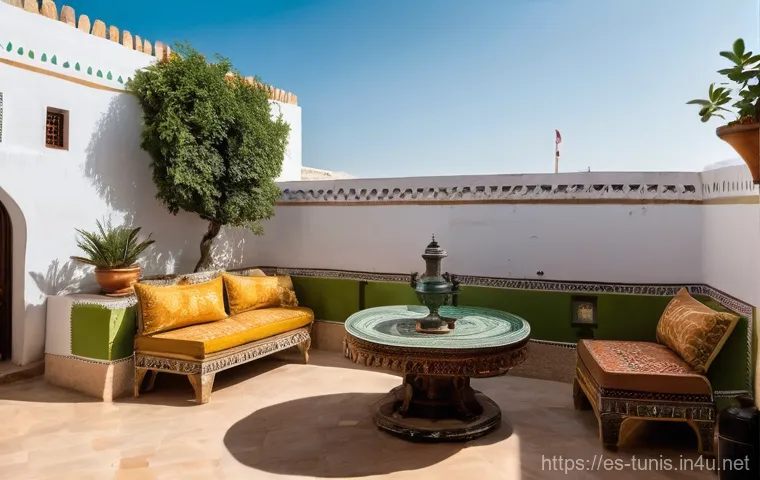 튀니지 숙박 옵션 비교 - **Prompt:** A serene and vibrantly decorated inner courtyard of a traditional Tunisian Dar (guesthou...