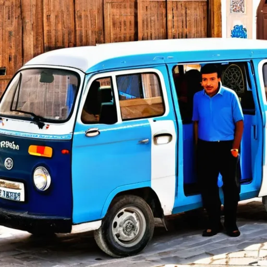튀니지 내 교통수단 - **Prompt:** A bustling and authentic scene at a Tunisian "louage" (shared taxi) station. A white pas...