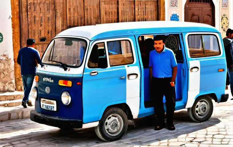 튀니지 내 교통수단 - **Prompt:** A bustling and authentic scene at a Tunisian "louage" (shared taxi) station. A white pas...