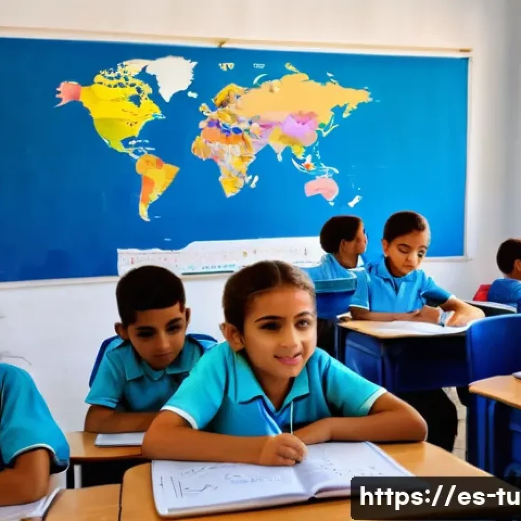 튀니지 교육제도 개요 - A bright and modern Tunisian primary school classroom with children aged 6 to 12, sitting at colorfu...
