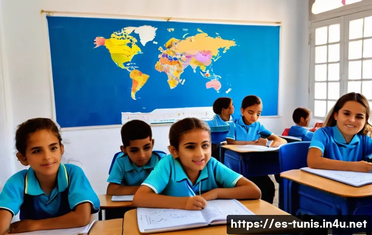 튀니지 교육제도 개요 - A bright and modern Tunisian primary school classroom with children aged 6 to 12, sitting at colorfu...