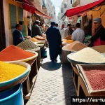 Home 22 튀니지 내 핫한 레스토랑 - A vibrant Tunisian street market scene in the Medina of Tunis at midday, bustling with diverse vendo...