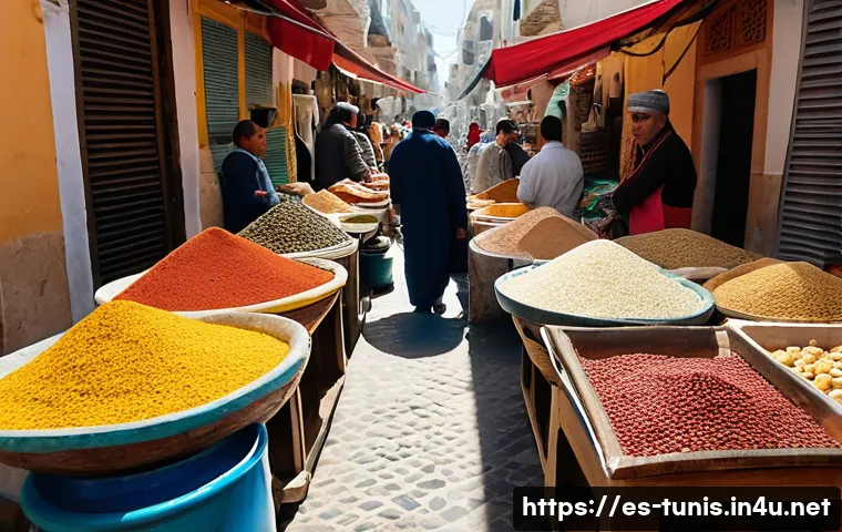 튀니지 내 핫한 레스토랑 - A vibrant Tunisian street market scene in the Medina of Tunis at midday, bustling with diverse vendo...
