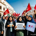 Home 21 튀니지 주요 이슈 및 사회적 논쟁 - A vibrant street scene in Tunisia showing a diverse group of young men and women participating in a ...