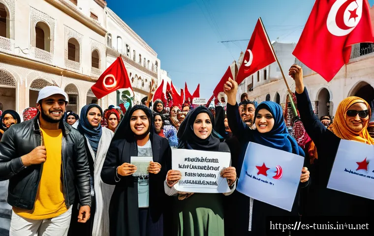 튀니지 주요 이슈 및 사회적 논쟁 - A vibrant street scene in Tunisia showing a diverse group of young men and women participating in a ...