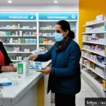 Home 19 튀니지 내 약국 및 의약품 가격 - A busy Tunisian pharmacy interior with a diverse group of customers comparing medication prices at t...