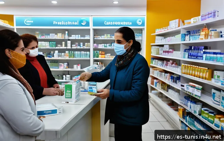 튀니지 내 약국 및 의약품 가격 - A busy Tunisian pharmacy interior with a diverse group of customers comparing medication prices at t...