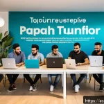 Home 18 튀니지의 IT 스타트업 성공 사례 - A vibrant Tunisian tech startup hub interior, showing a diverse group of young professionals collabo...