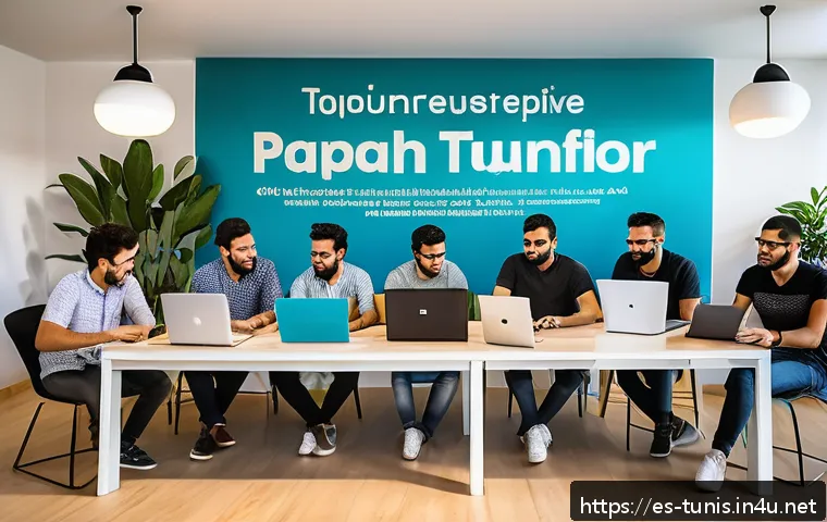 튀니지의 IT 스타트업 성공 사례 - A vibrant Tunisian tech startup hub interior, showing a diverse group of young professionals collabo...