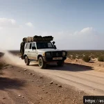 Home 23 튀니지와 리비아 국경 문제 - A detailed, dramatic border scene between Tunisia and Libya showing a rugged desert landscape with s...