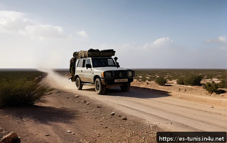 튀니지와 리비아 국경 문제 - A detailed, dramatic border scene between Tunisia and Libya showing a rugged desert landscape with s...