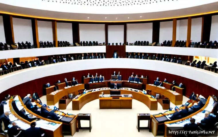 Home 17 튀니지 현대 정치 구조 - Photorealistic wide-angle view of Tunisia’s modern parliamentary chamber, diverse elected representa...