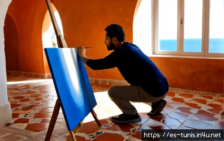 Home 17 튀니지 출신 예술가 및 작가 - Photorealistic portrait of a Tunisian visual artist in a sunlit Mediterranean studio, thoughtfully p...