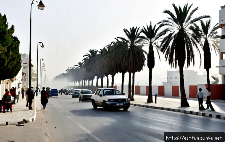튀니지 대기오염 문제 - Photorealistic wide street scene in Tunis, Tunisia during a hazy morning, dense vehicle exhaust drif...