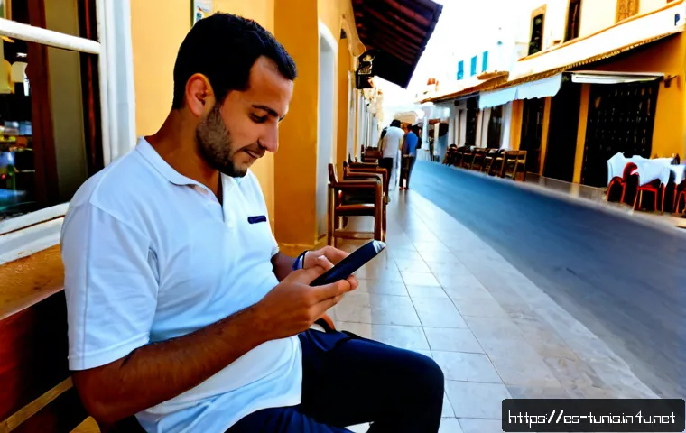 Home 15 튀니지에서 안전한 여행 팁 - Photorealistic travel safety scene in Tunisia, a Spanish-speaking adult traveler in modest summer cl...